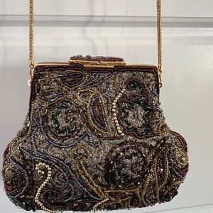 Vintage Beaded Iridescent Clutch Fold Over Latch Closure Evening Bag